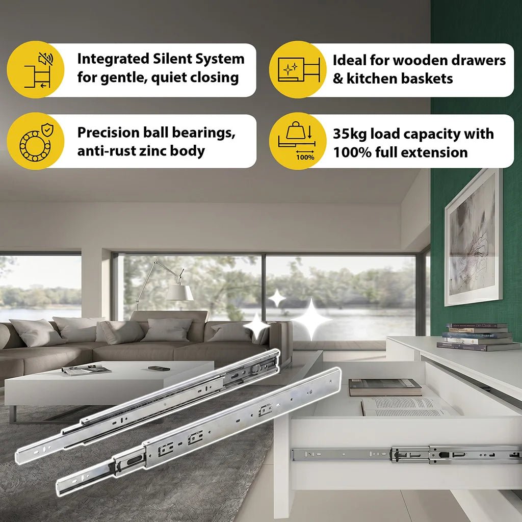 Ebco Sleek Telescopic Drawer Channel, Soft Close, 35 Kg Capacity, Zinc - Image 2