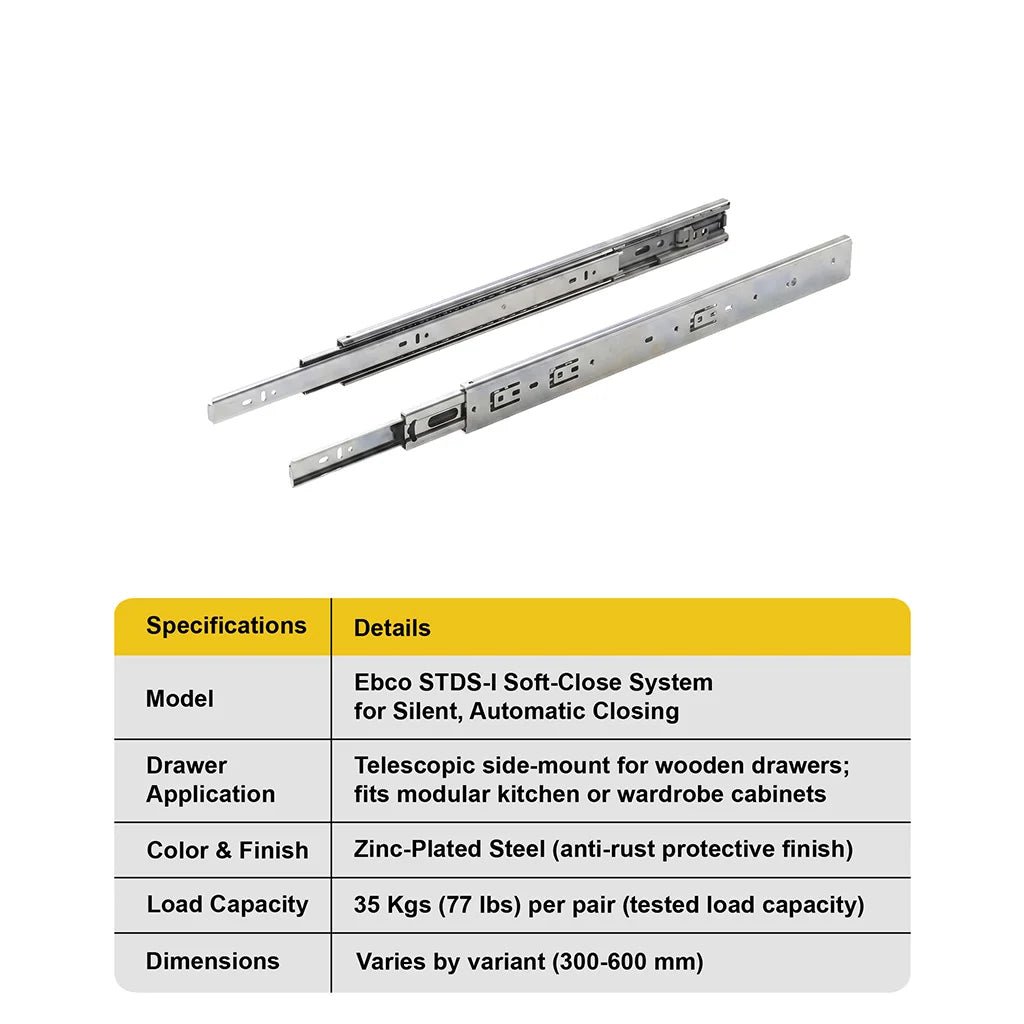 Ebco Sleek Telescopic Drawer Channel, Soft Close, 35 Kg Capacity, Zinc - Image 3