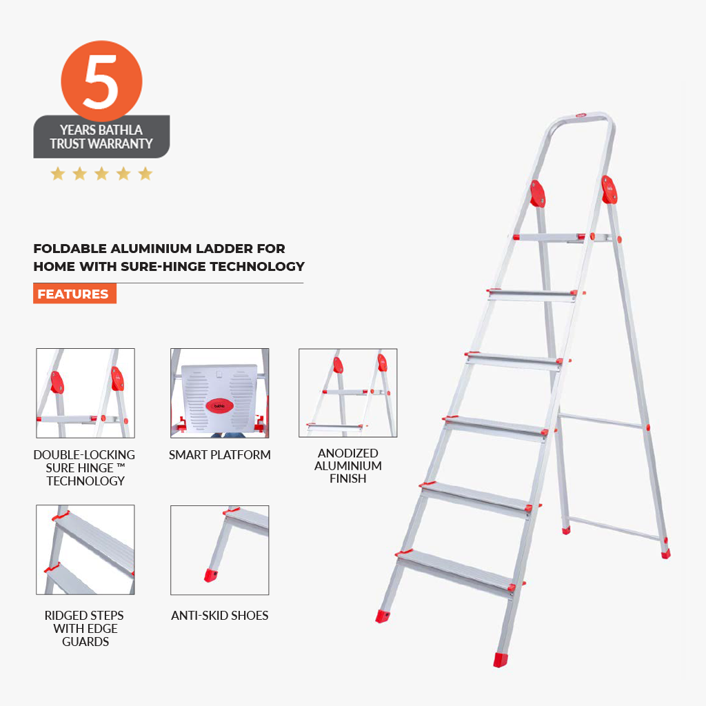 Bathla Arize 5-Step Foldable Aluminium Ladder, 3.6 feet (110 cm) - Image 2